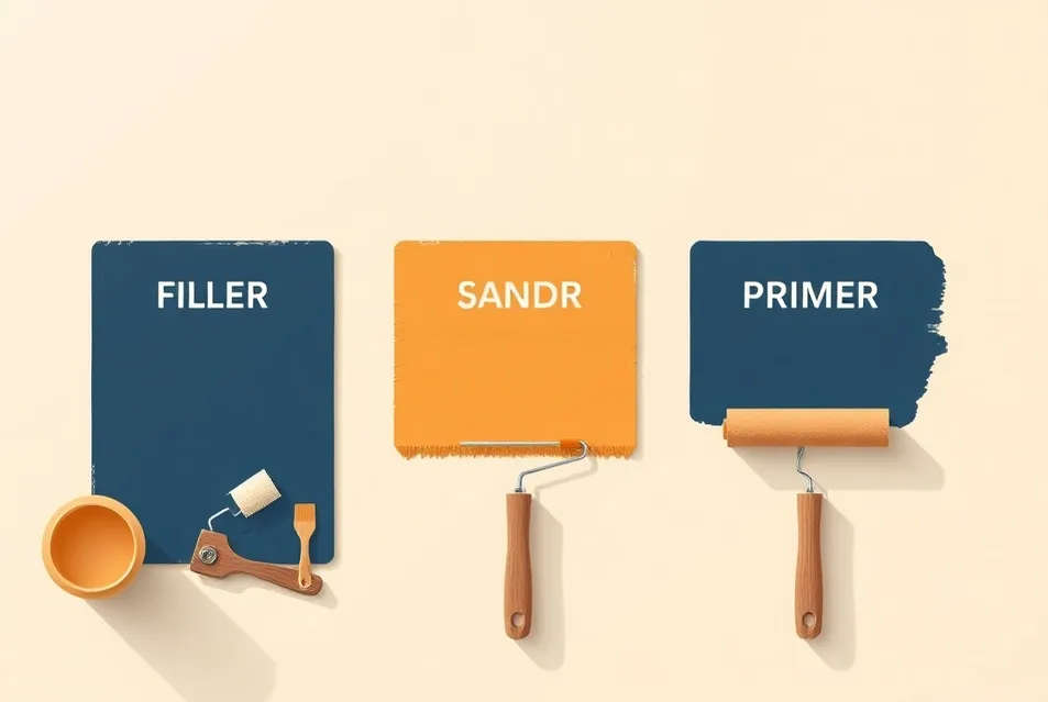 Outils de peinture disposés dans l'ordre des étapes du chantier