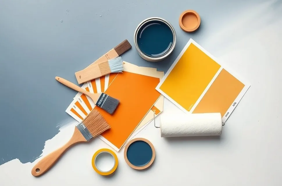 Pots de peinture, nuancier, brosses et rouleaux disposés à plat