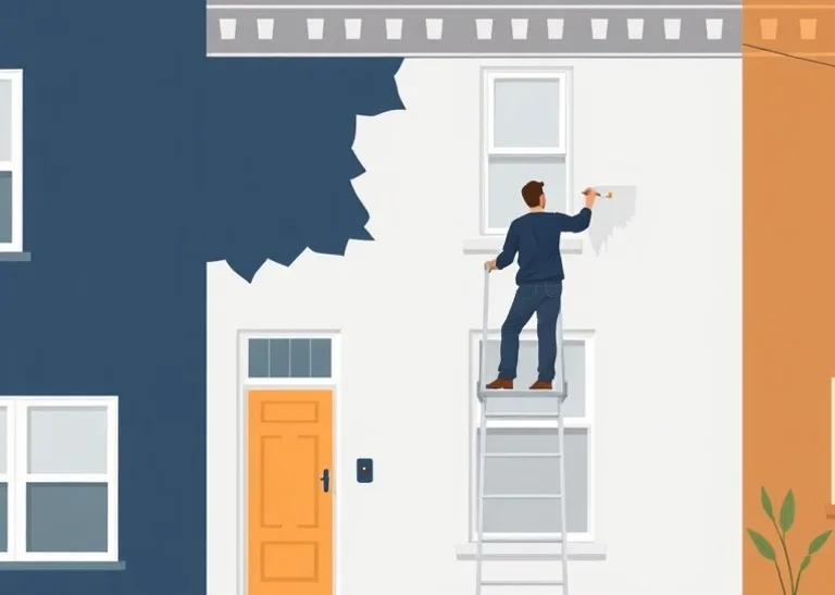 Peintre sur échafaudage traitant la façade d'une maison