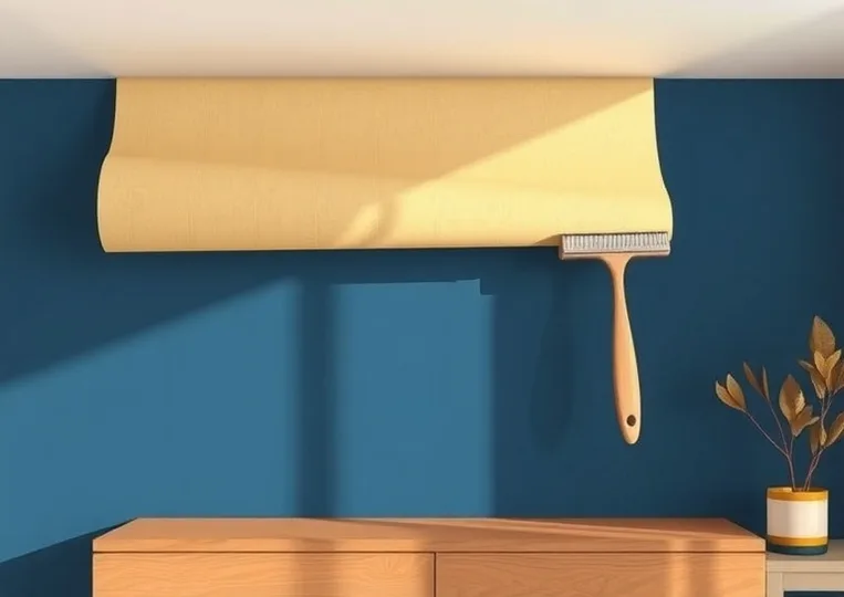 Pose de papier peint, rouleau et brosse à maroufler
